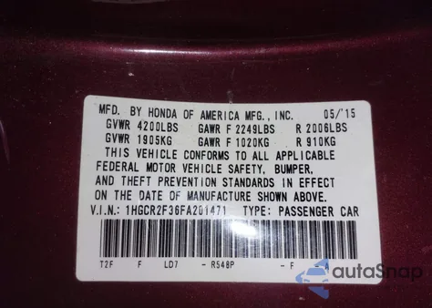 2015 Honda Accord Lx z USA, uszkodzony, nr VIN 1HGCR2F36FA201471